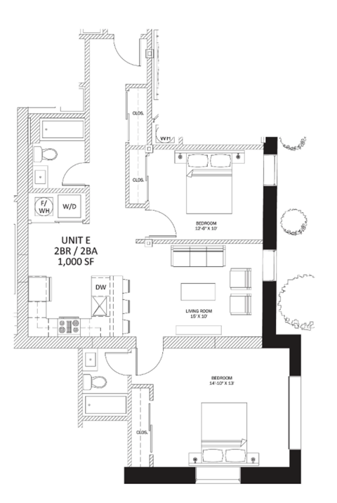 Floor plan for 2 beds, 2 baths, 1000 sqft